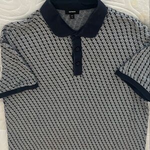 Express Navy and White Geometric Polo Shirt